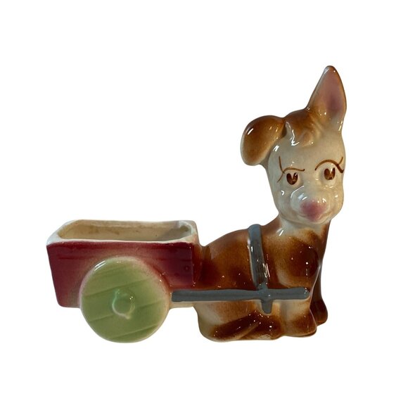 VTG Planter Ceramic Pottery Kitschy Donkey Burro Pulling Wagon Cart - Picture 2 of 14